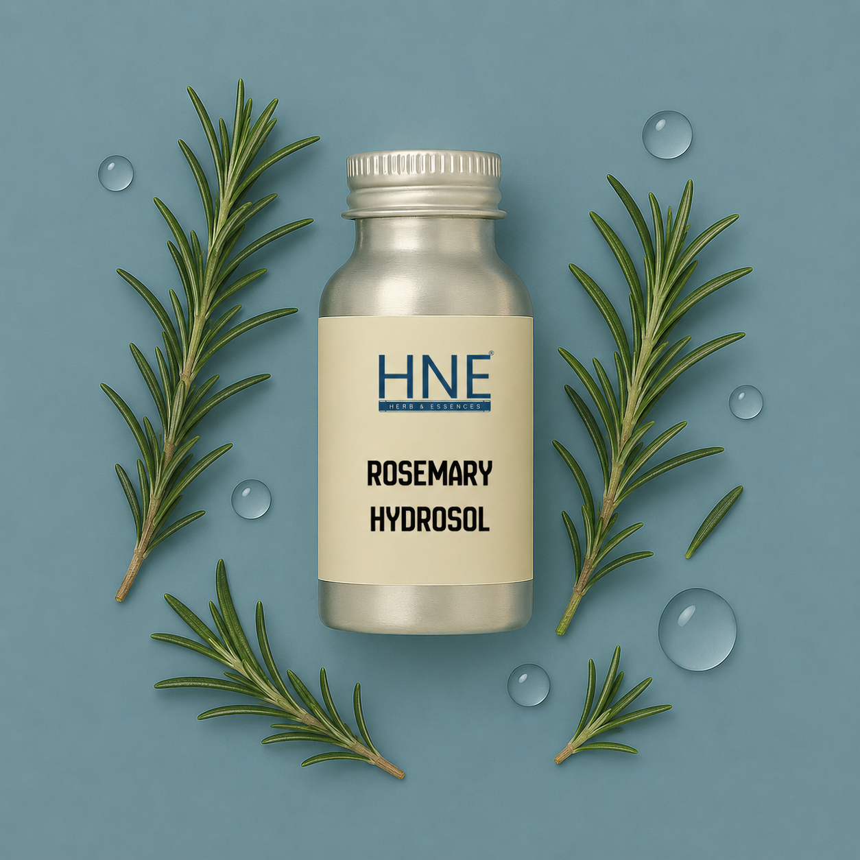 Bottle of HNE Rosemary Hydrosol surrounded by rosemary leaves on a blue background