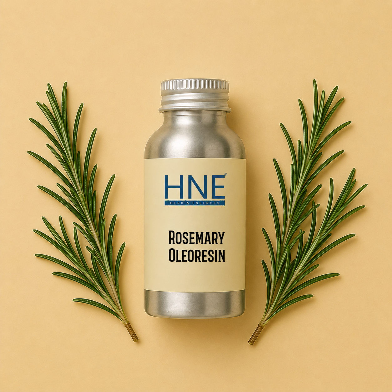 Bottle of HNE Rosemary Oleoresin with rosemary leaves on a beige background