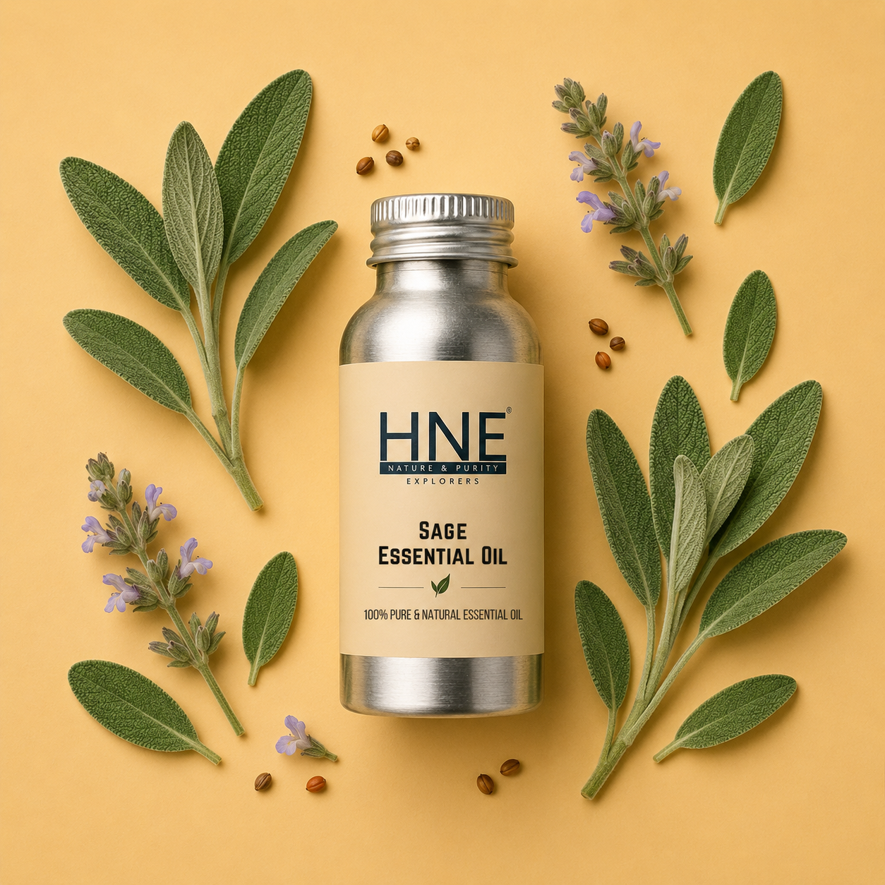 Sage essential oil bottle with leaves and flowers on a yellow background