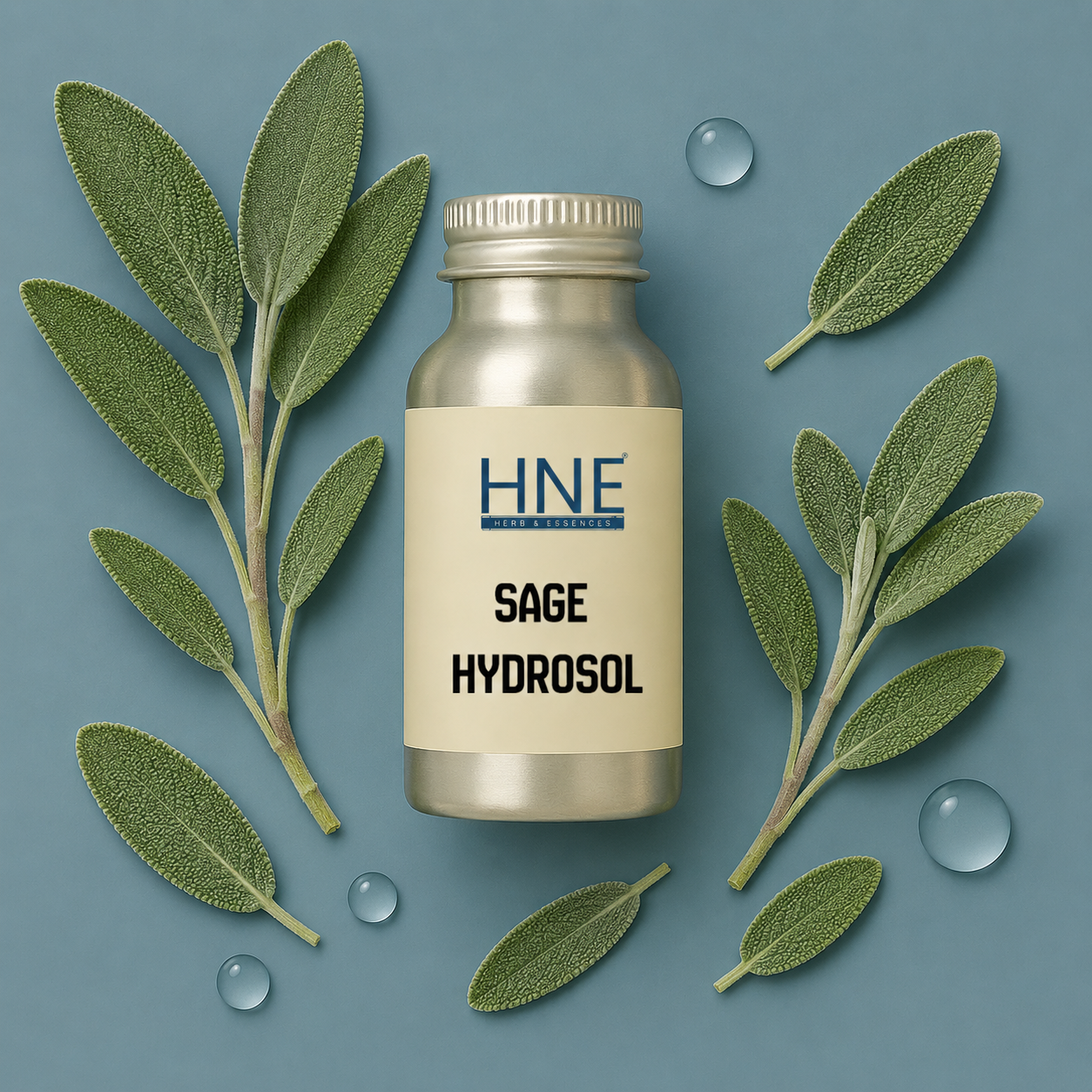 Bottle of HNE Sage Hydrosol surrounded by sage leaves on a blue background