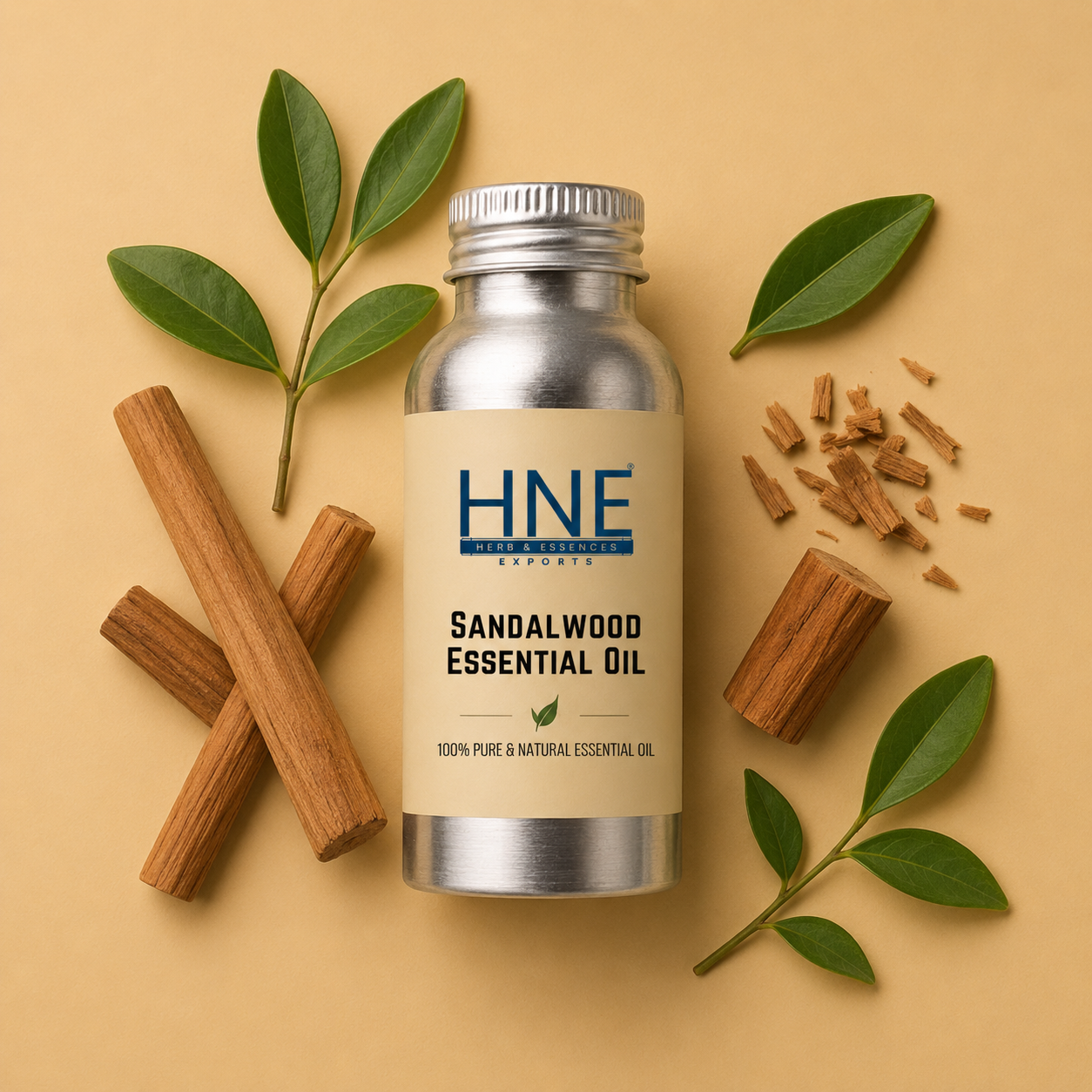 Sandalwood essential oil bottle with sandalwood pieces and leaves on a beige background