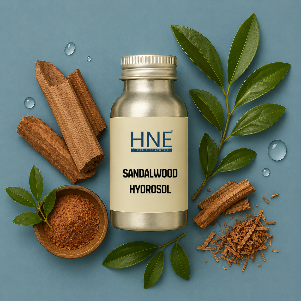 Bottle of HNE Sandalwood Hydrosol with sandalwood pieces and leaves on a blue background