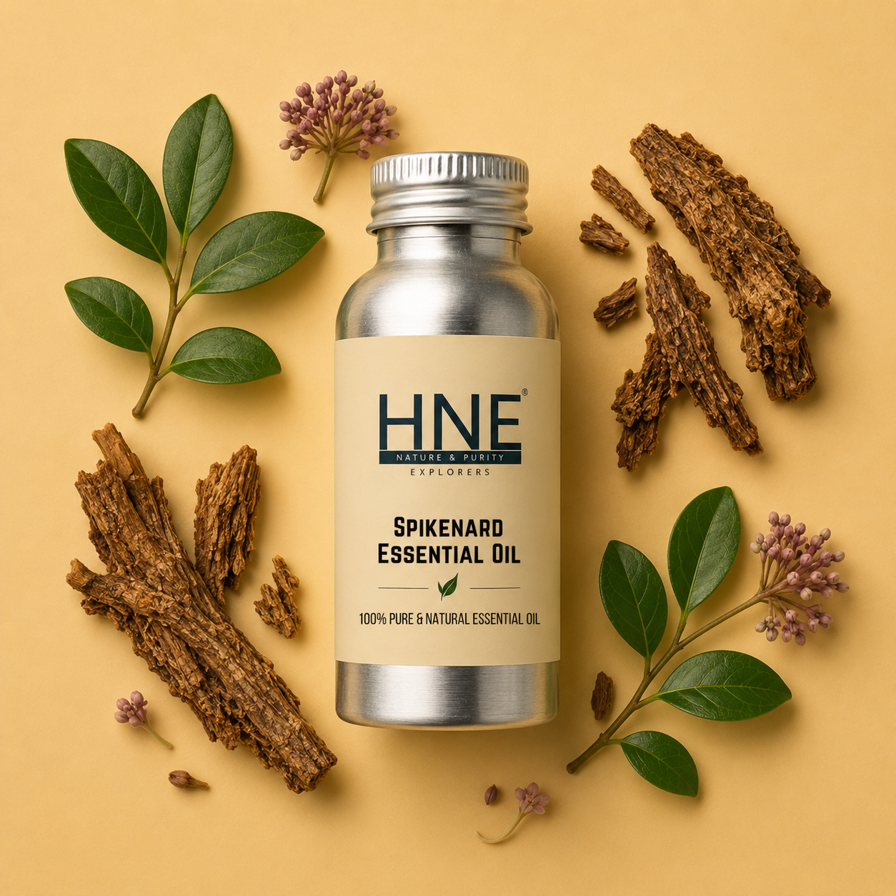 Spikenard essential oil bottle with natural elements on a beige background