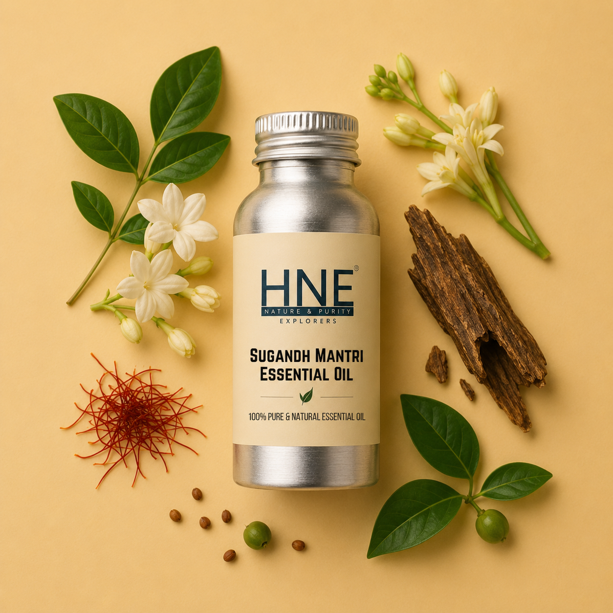 HNE Sugandh Mantri Essential Oil bottle with saffron, leaves, and flowers on a beige background