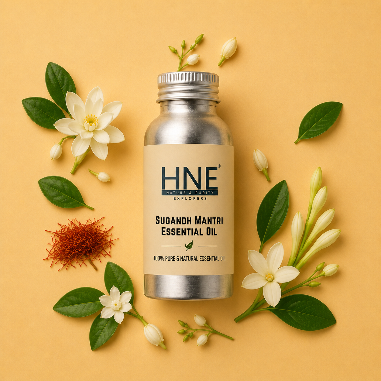 HNE Sugandh Mantri Essential Oil bottle with flowers and leaves on a yellow background