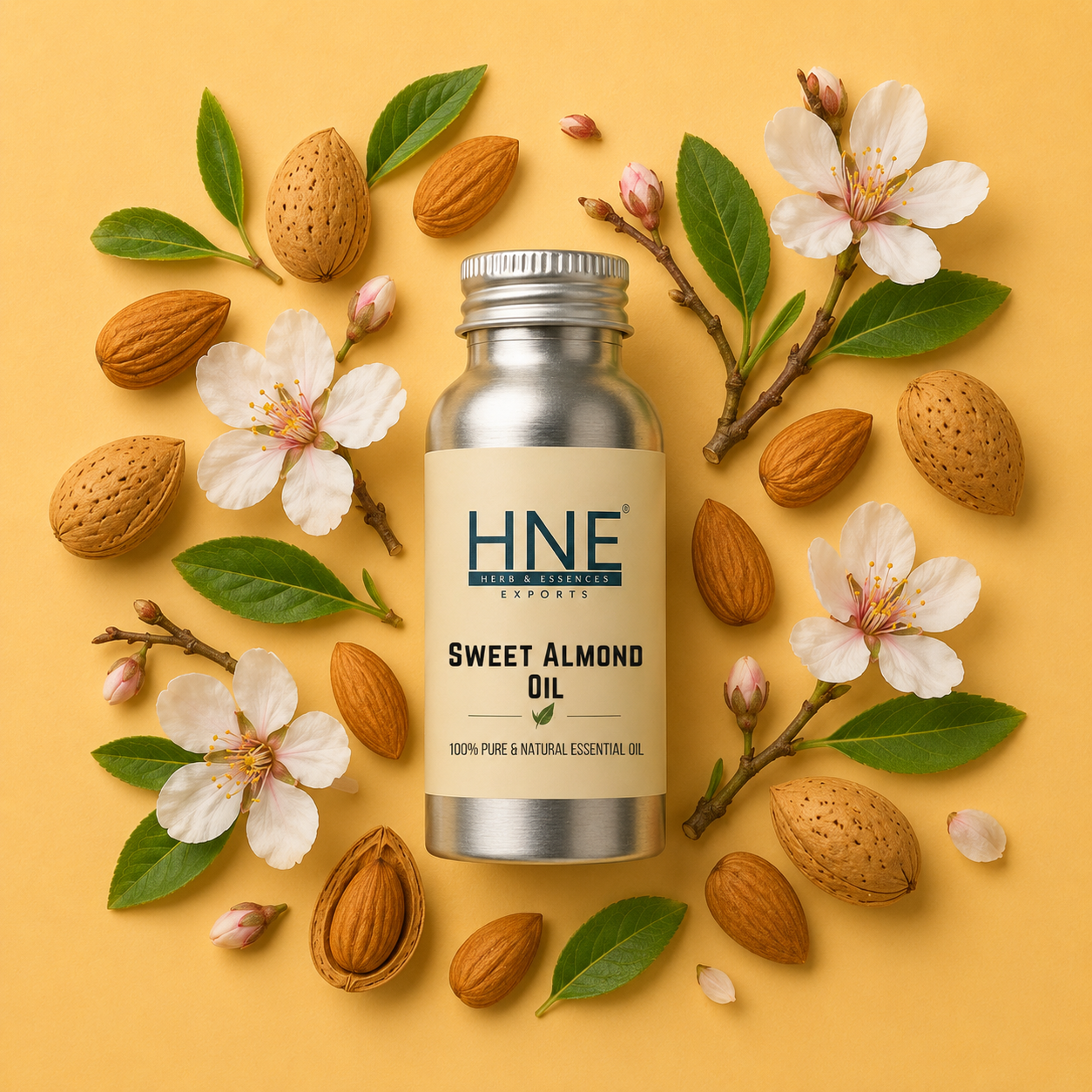 Bottle of HNE Sweet Almond Oil surrounded by almonds and flowers on a yellow background