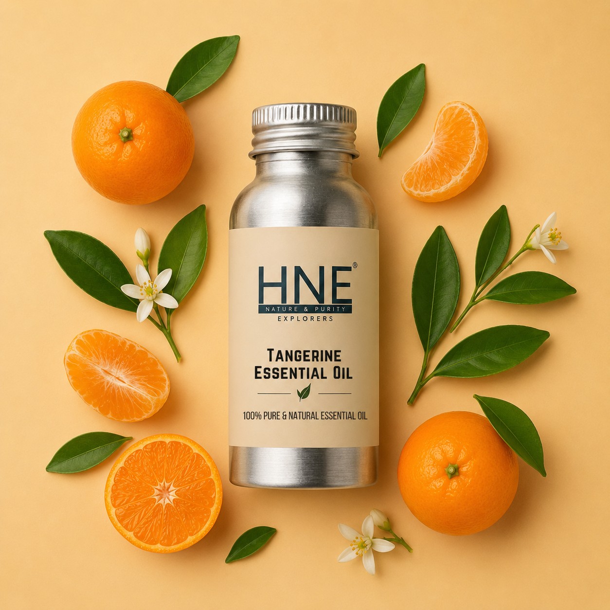 Tangerine essential oil bottle with tangerines and leaves on a beige background