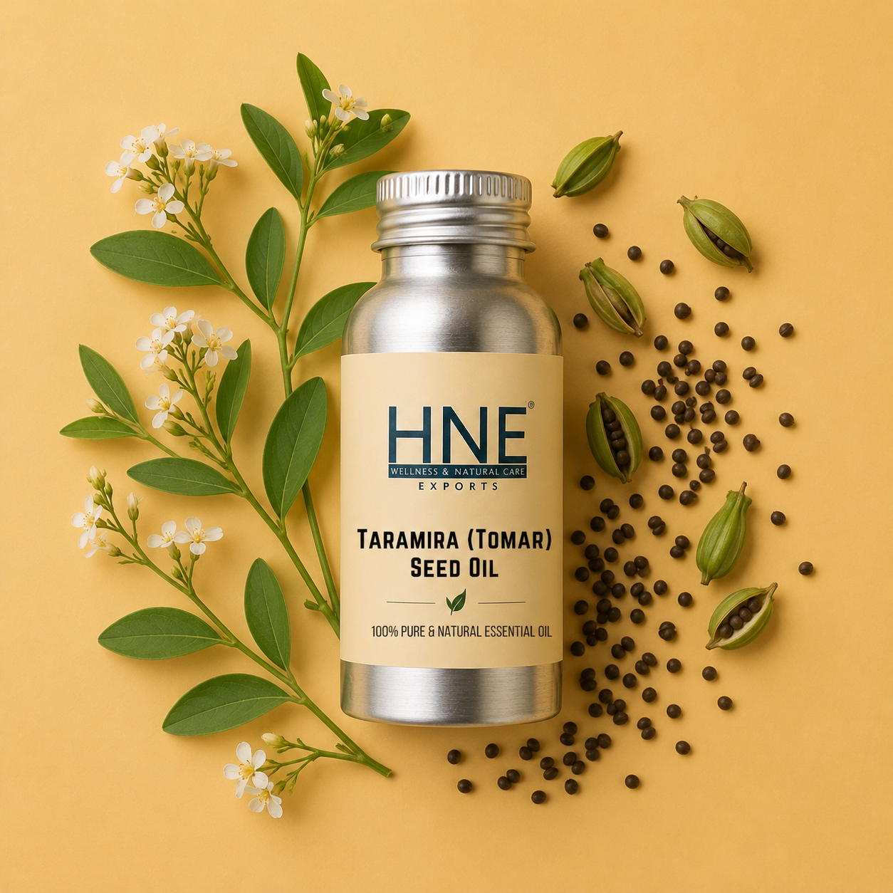 Bottle of HNE Taramira (Tomar) Seed Oil with seeds and leaves on a yellow background