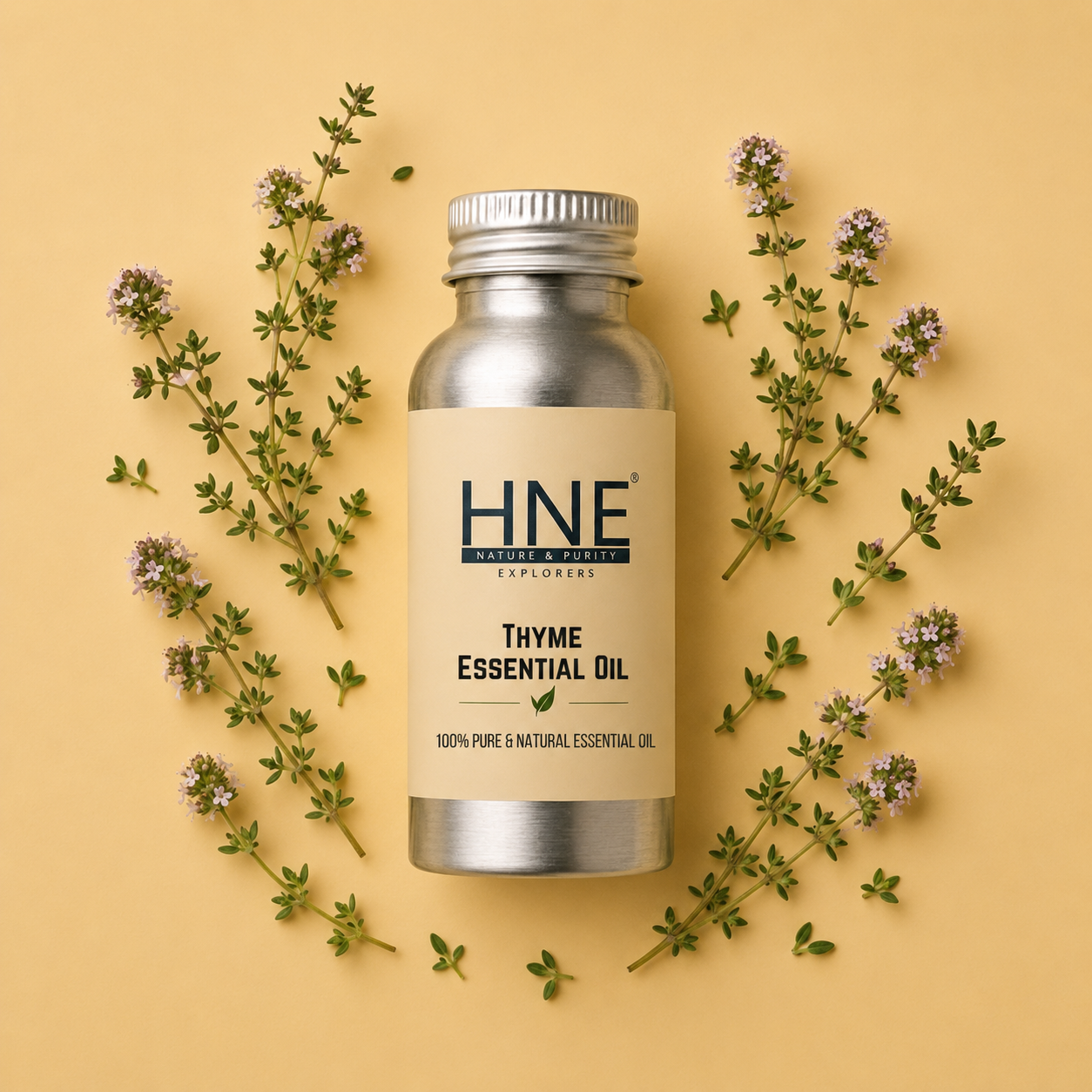 Thyme essential oil bottle with thyme leaves on a yellow background