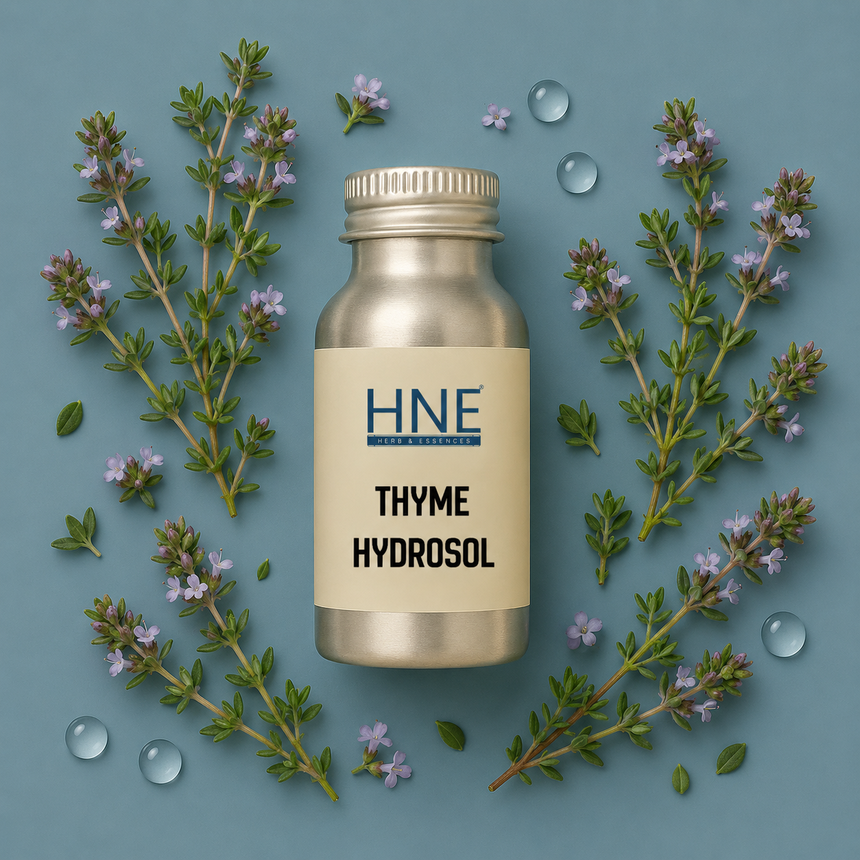 Bottle of HNE Thyme Hydrosol surrounded by thyme branches on a blue background