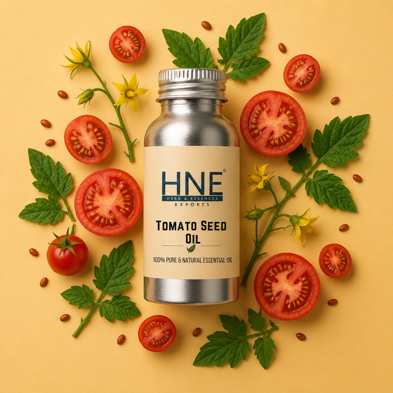 Bottle of HNE Tomato Seed Oil surrounded by tomatoes and leaves on a yellow background