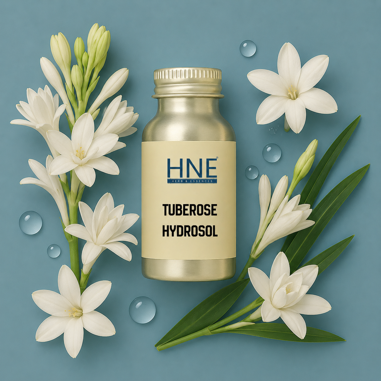 HNE Tuberose Hydrosol bottle surrounded by tuberose flowers on a blue background