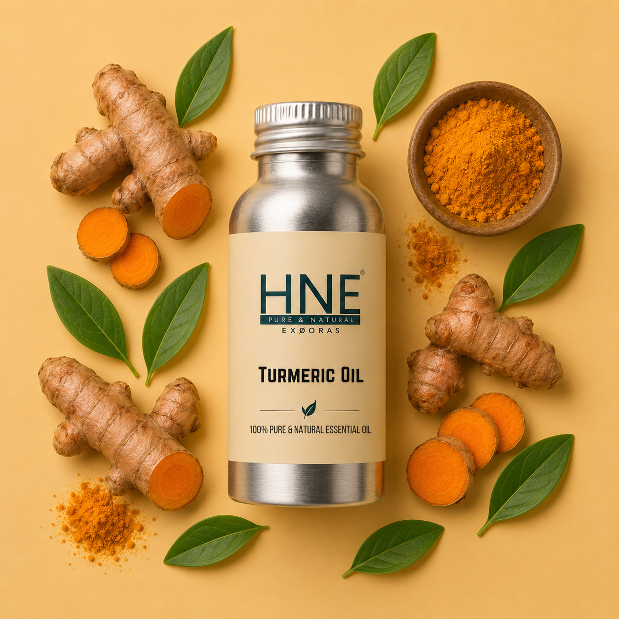 Turmeric oil bottle with turmeric roots and powder on a yellow background