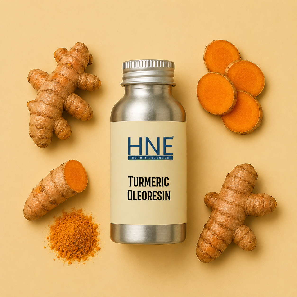 Bottle of HNE Turmeric Oleoresin with turmeric roots and powder on a beige background