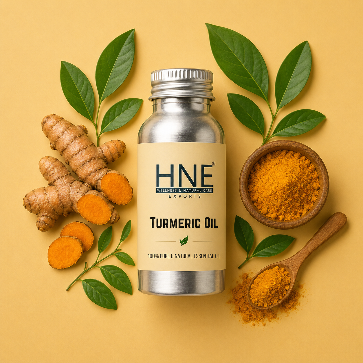 Turmeric oil bottle with turmeric roots, powder, and leaves on a yellow background