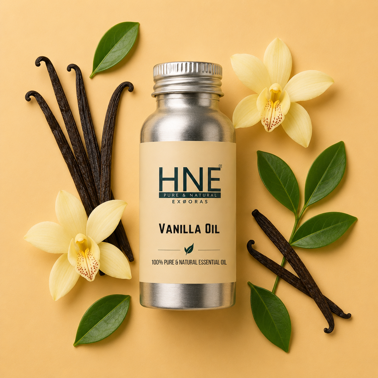 Bottle of HNE Vanilla Oil with vanilla beans and flowers on a beige background