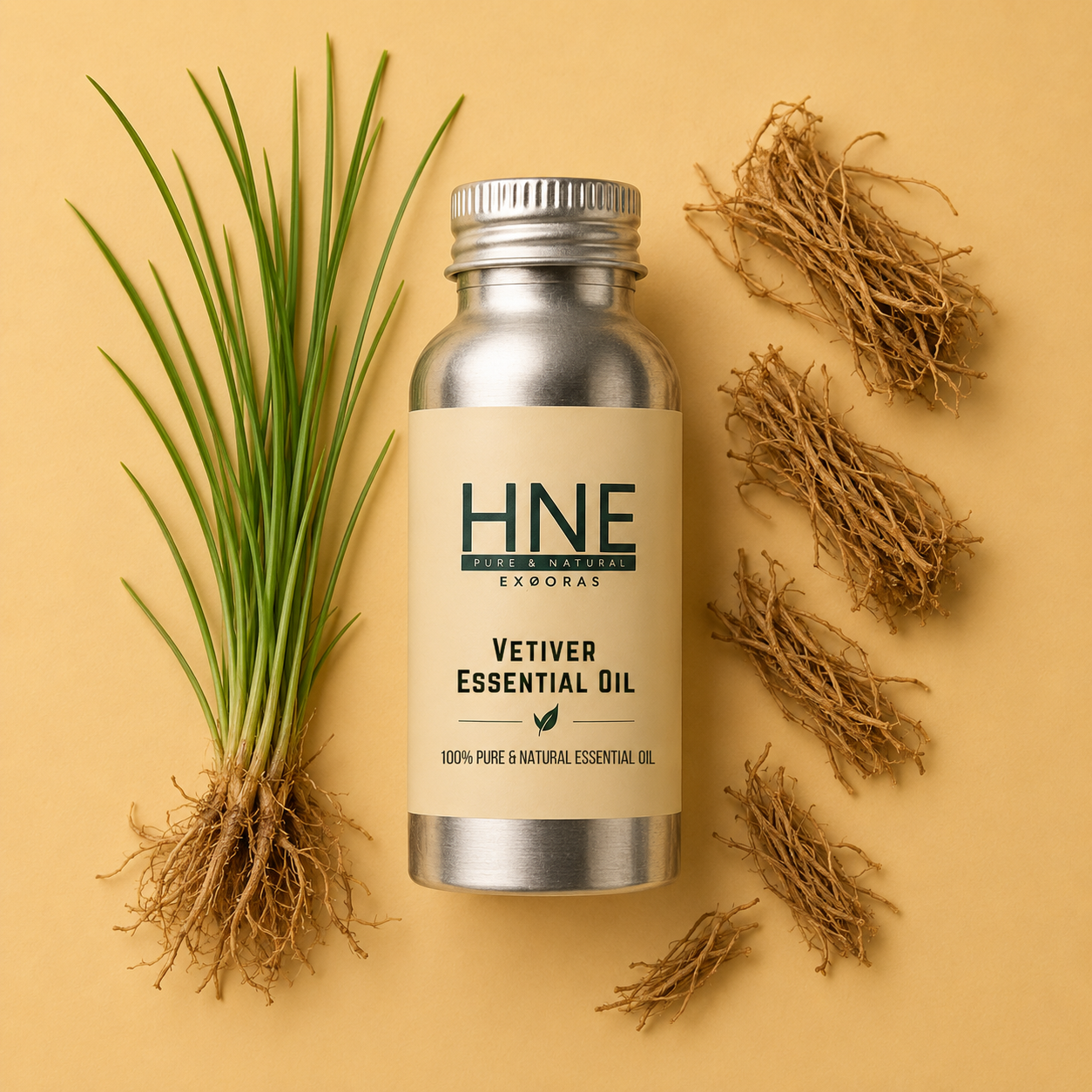 Vetiver essential oil bottle with roots and leaves on a beige background
