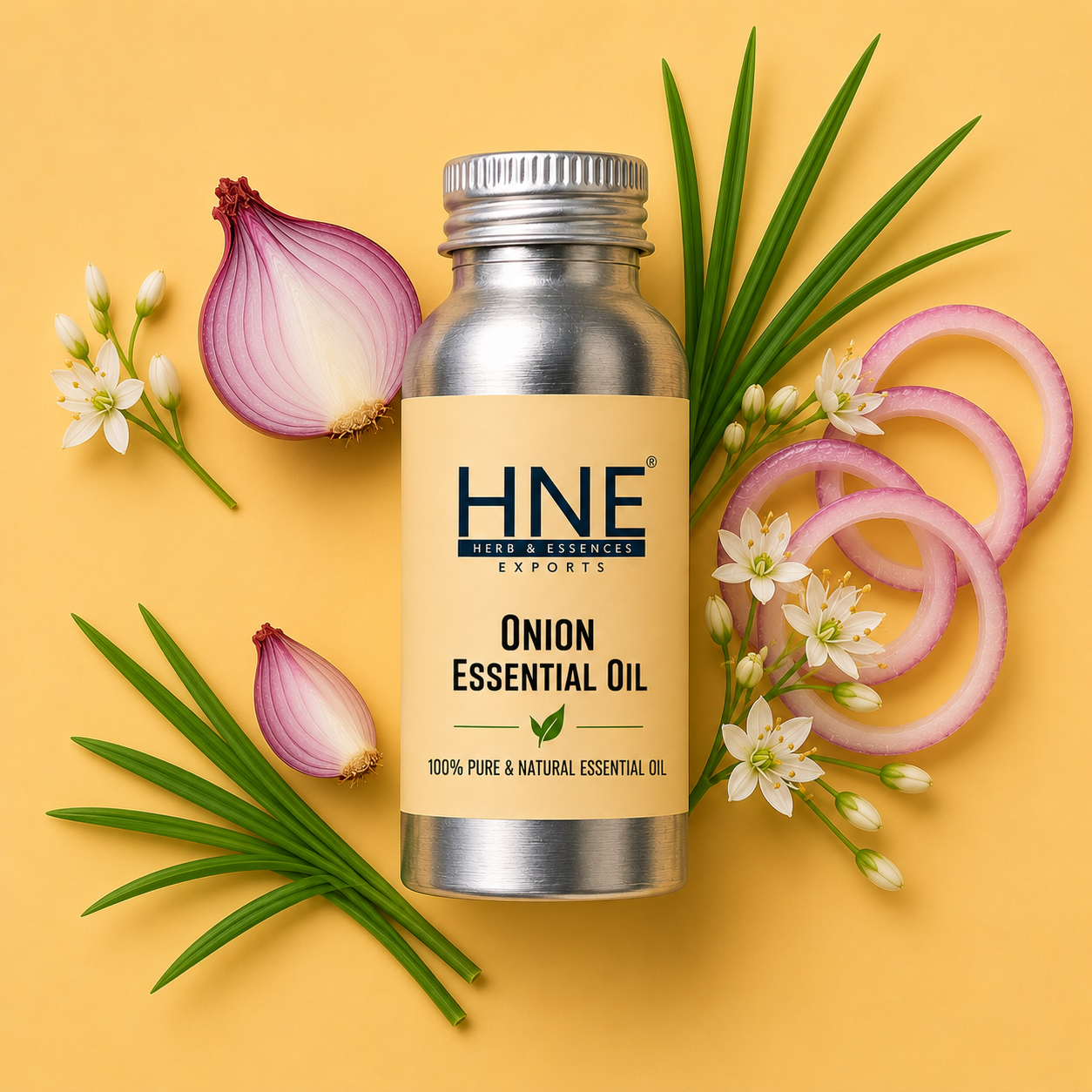 Bottle of HNE Onion Essential Oil with onion slices and leaves on a yellow background