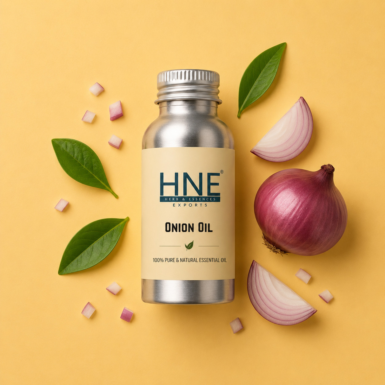 Bottle of HNE Onion Oil with onion slices and leaves on a yellow background