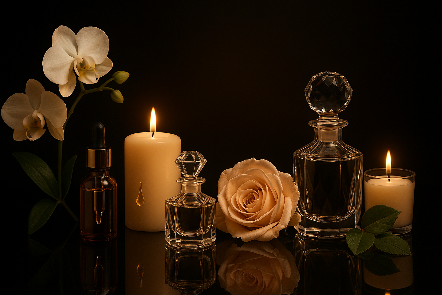 "Ultra-luxury background for a fragrance and candle-making brand. Dramatic and elegant composition featuring crystal perfume bottles, glowing candles, golden oil drops, and delicate botanical accents (orchids, roses, green leaves). Dark glossy background with soft golden lighting, creating a rich and sophisticated mood. Minimal clutter, spacious design with negative space in the center for headline text and a call-to-action button. High-resolution, cinematic, refined, and premium brand aesthetic."