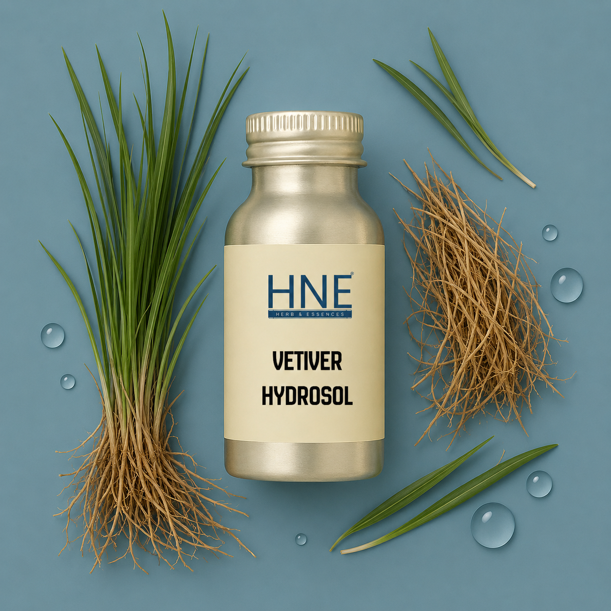 Bottle of HNE Vetiver Hydrosol with vetiver grass and roots on a blue background