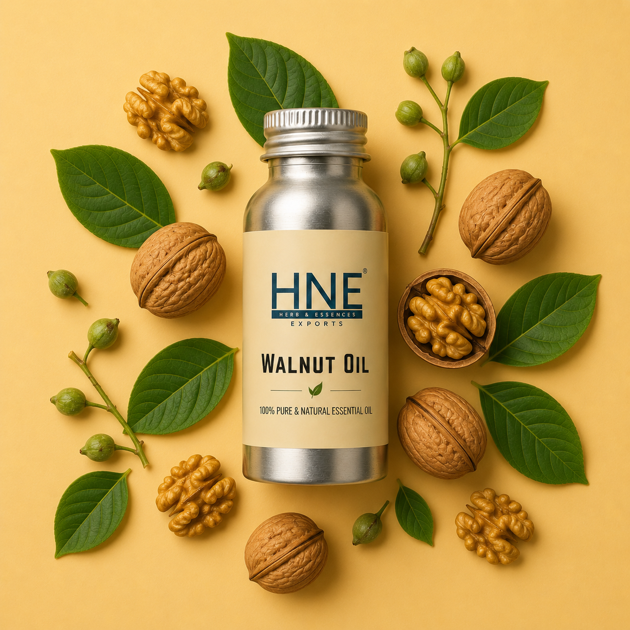 Bottle of HNE Walnut Oil surrounded by walnuts and leaves on a yellow background