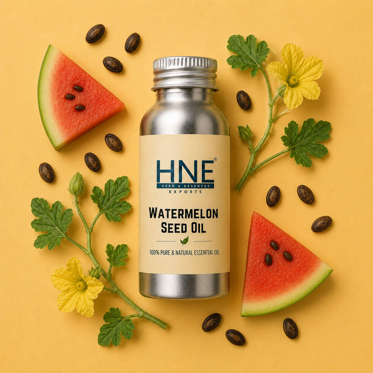 Bottle of HNE Watermelon Seed Oil with watermelon slices, seeds, and flowers on a yellow background