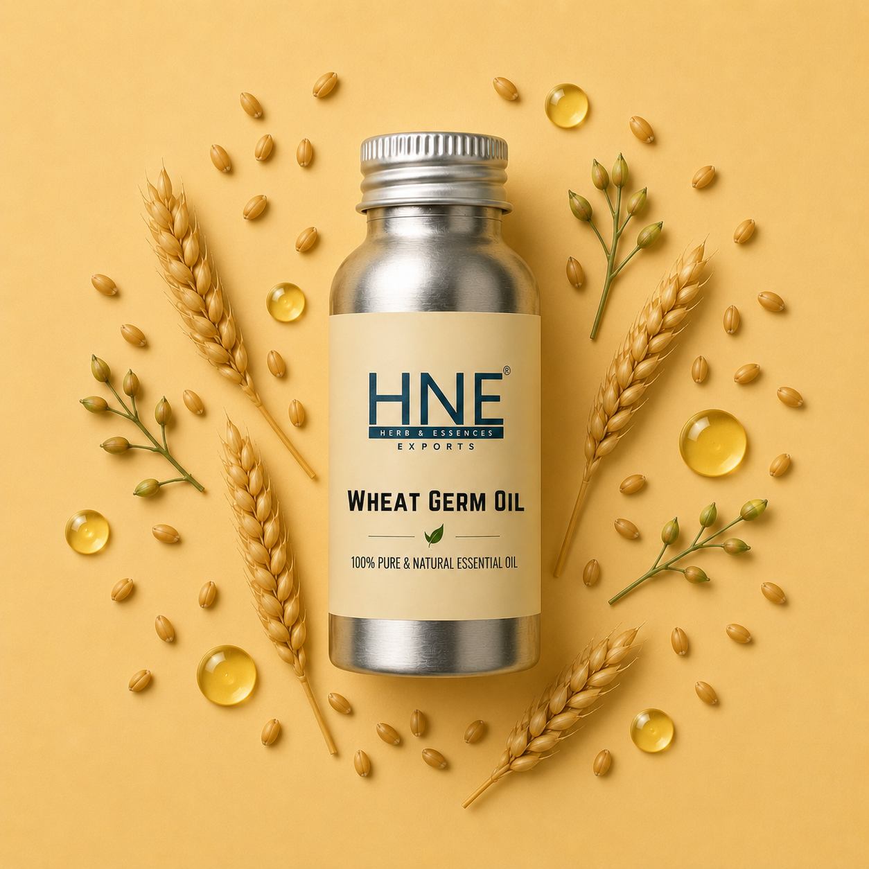 Bottle of HNE Wheat Germ Oil surrounded by wheat grains and seeds on a yellow background